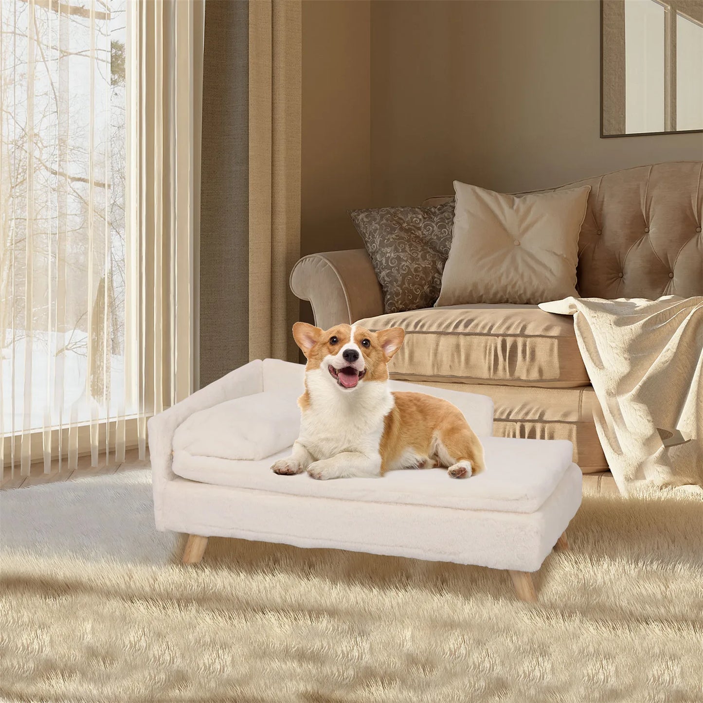 Elevated Pet Bed, Nordic Pet Stool Bed with Cozy Pad Waterproof, Pet Sofa Bed with Sturdy Wood Legs for Small Dog Kitten