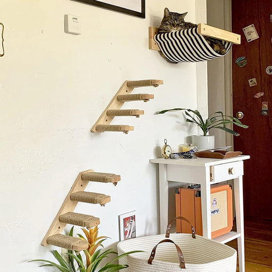3 Pcs Cat Hammock with Four Step Sisal Stairways or Scratching Posts Set Wall Mounted Wooden Cats Furniture Climbing Shelf Perch