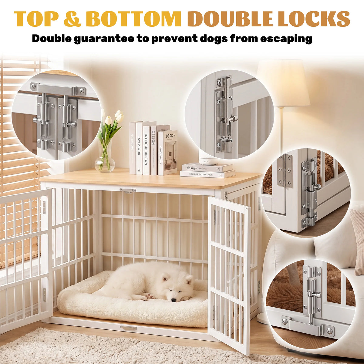 38-Inch Iron Wood Dog Cage with Double Lock Doors Heavy-Duty Extra Large Pet Kennel for Indoor Outdoor Dog Kennel Furniture