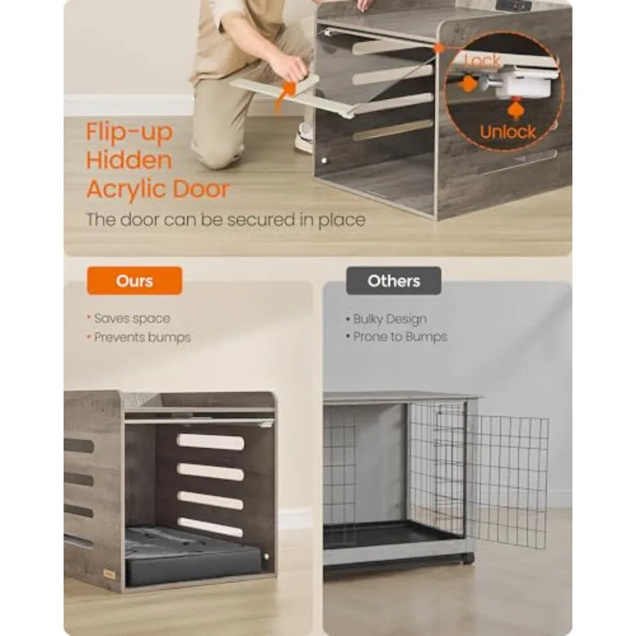 Modern Dog Crate Furniture with Charging Station, Medium Kennel Indoor with Flip-up Hidden Acrylic Door, for Small and Medium Dogs