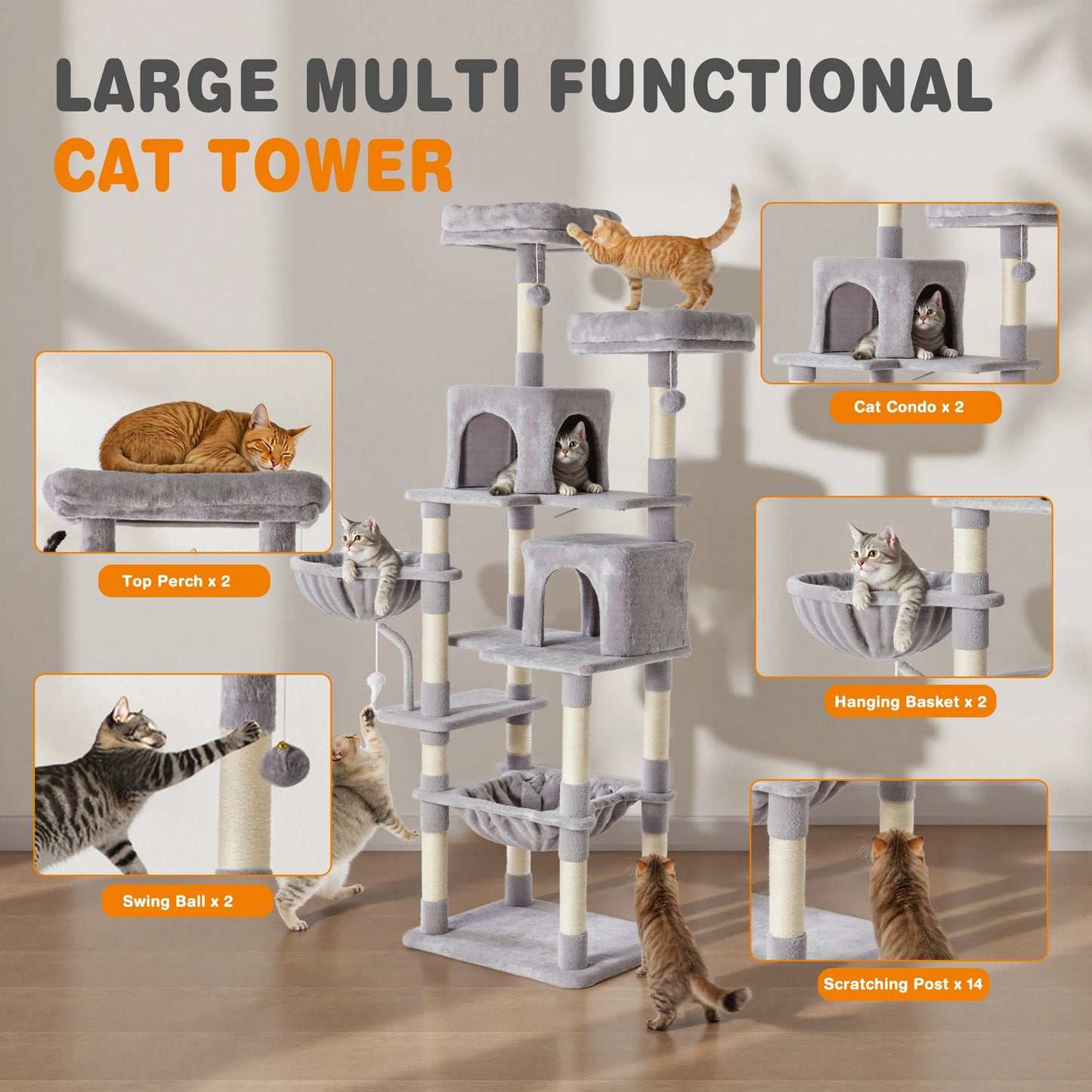 71 Inch Cat Climbing Tower Natural Sisal Scratching Posts, Multi-Level Cat Tree Tower with Condo Pet House for Indoor Cats