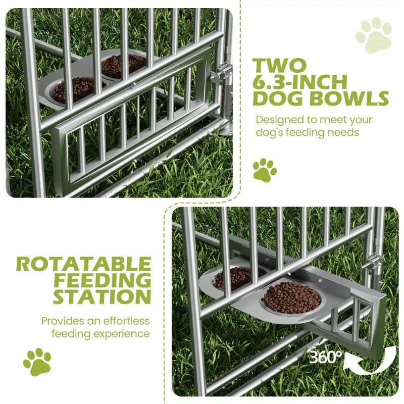 13'x 13' Large Outdoor Dog Kennel – Heavy Duty Metal Kennel with Waterproof Cover, Rotating Feeder & Lockable Door