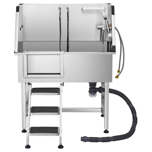 Stainless Steel Dog Washing Station 38in Pet Grooming Tub w/ Storage Stairs Faucet & Showerhead&Soap Holder Dog Bathtub