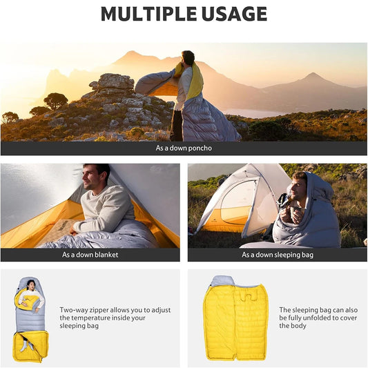 CW700 Sleeping Bag Ultralight Down Sleeping Bag for Adults Outdoor Winter Warm 650FP Duck Down Envelope Sleeping Bag