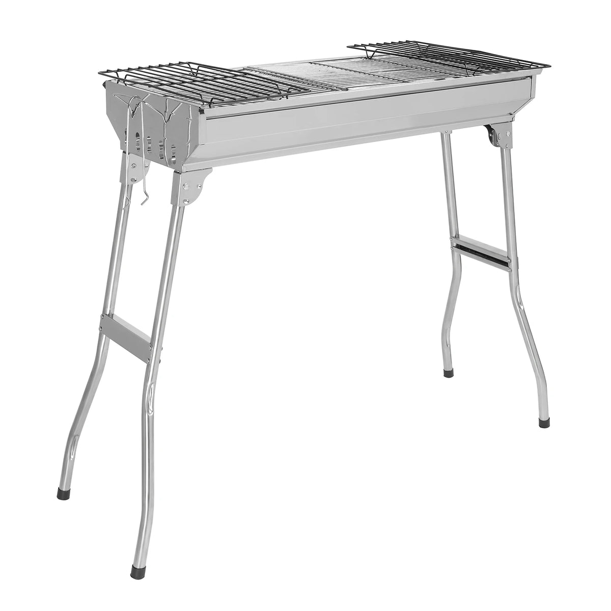 Portable Stainless Steel BBQ Grill with 2 Checkered Iron Grids Charcoal Mesh for Home Outdoor Camping Cooking Silver