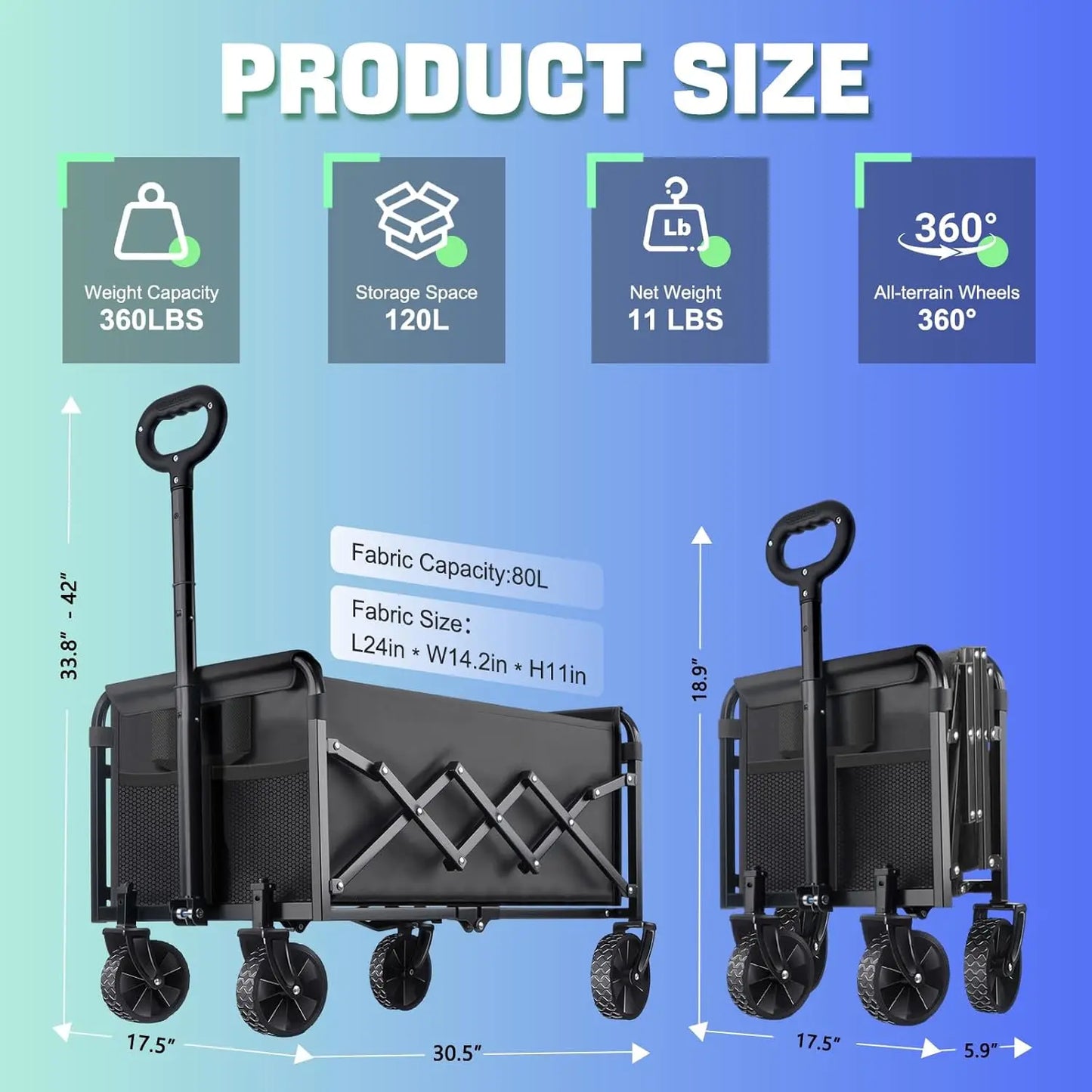 360LBS Collapsible Wagon Cart with Wheels - Heavy Duty Folding Wagon Carts for Grocery, Lightweight