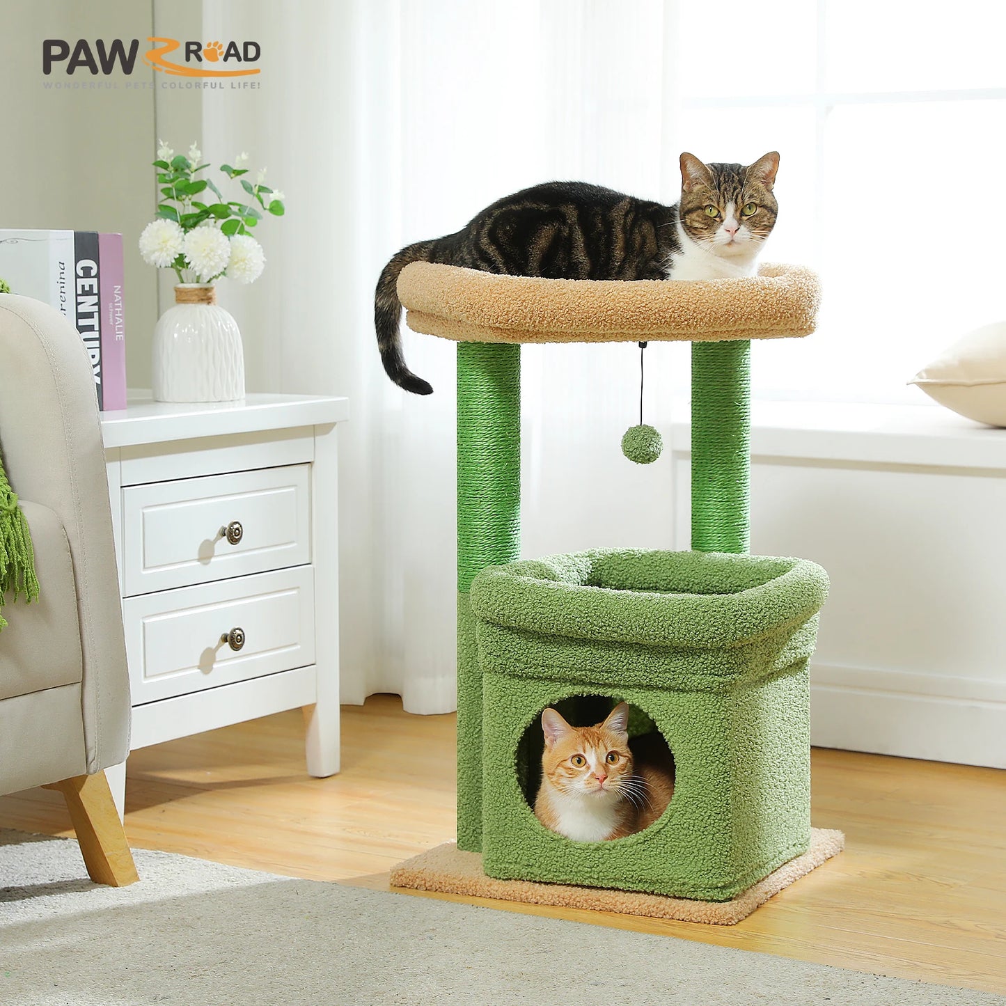 Cat Tree Cat Tower with Cozy Condo, Wide Top Perch, Natural Sisal Posts, Soft Plush, Playful Pom-Pom Suitable for 1-2 Indoor Cats