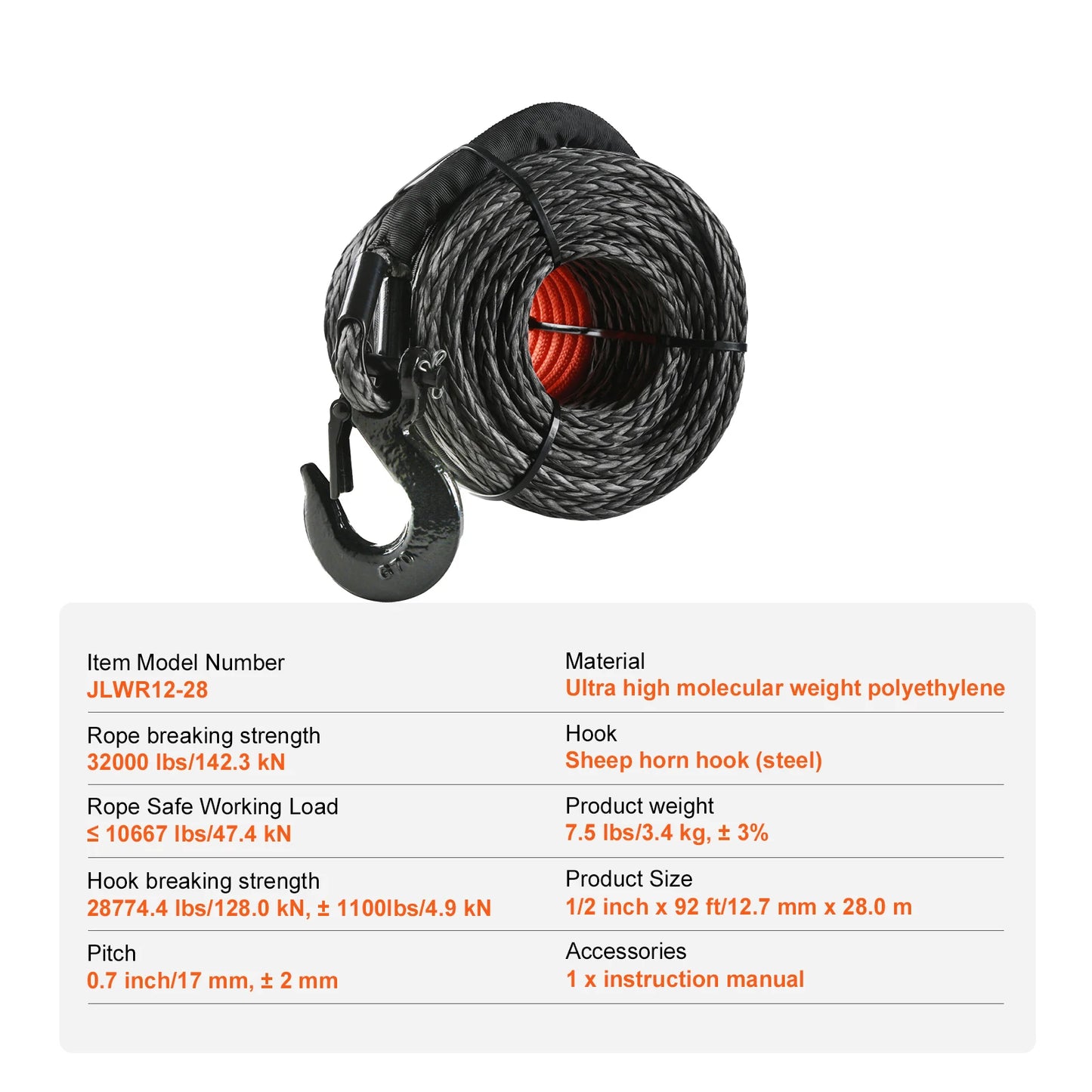 26500/32000Lbs Synthetic Winch Rope Truck Boat Replacement Line Cable Rope with Forged Hook ATV Car Outdoor Accessories