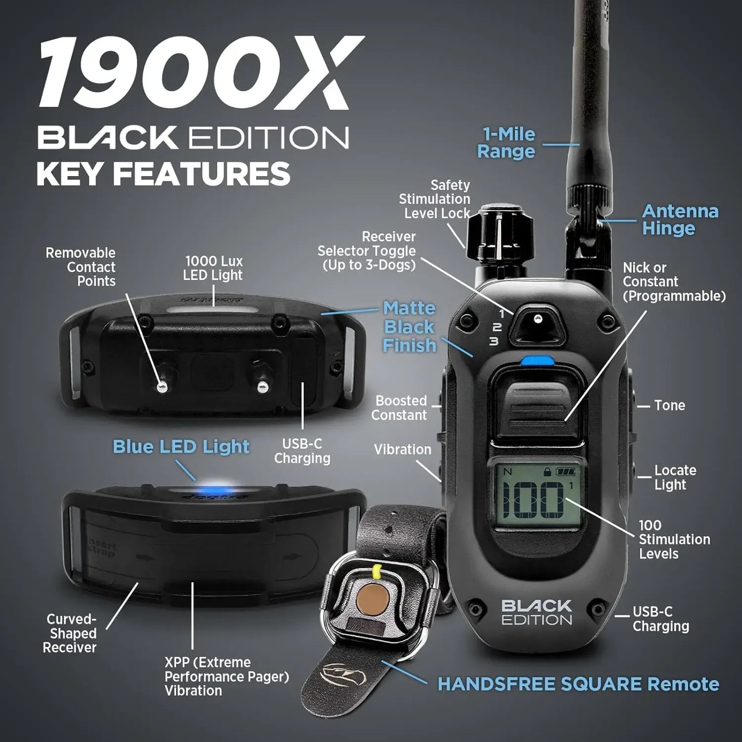 1900X Black Edition E-Collar - 1 Mile Range, Dogs 45 lbs +, IPX9K Waterproof, 100 Stimulation Levels, Vibration, Tone,