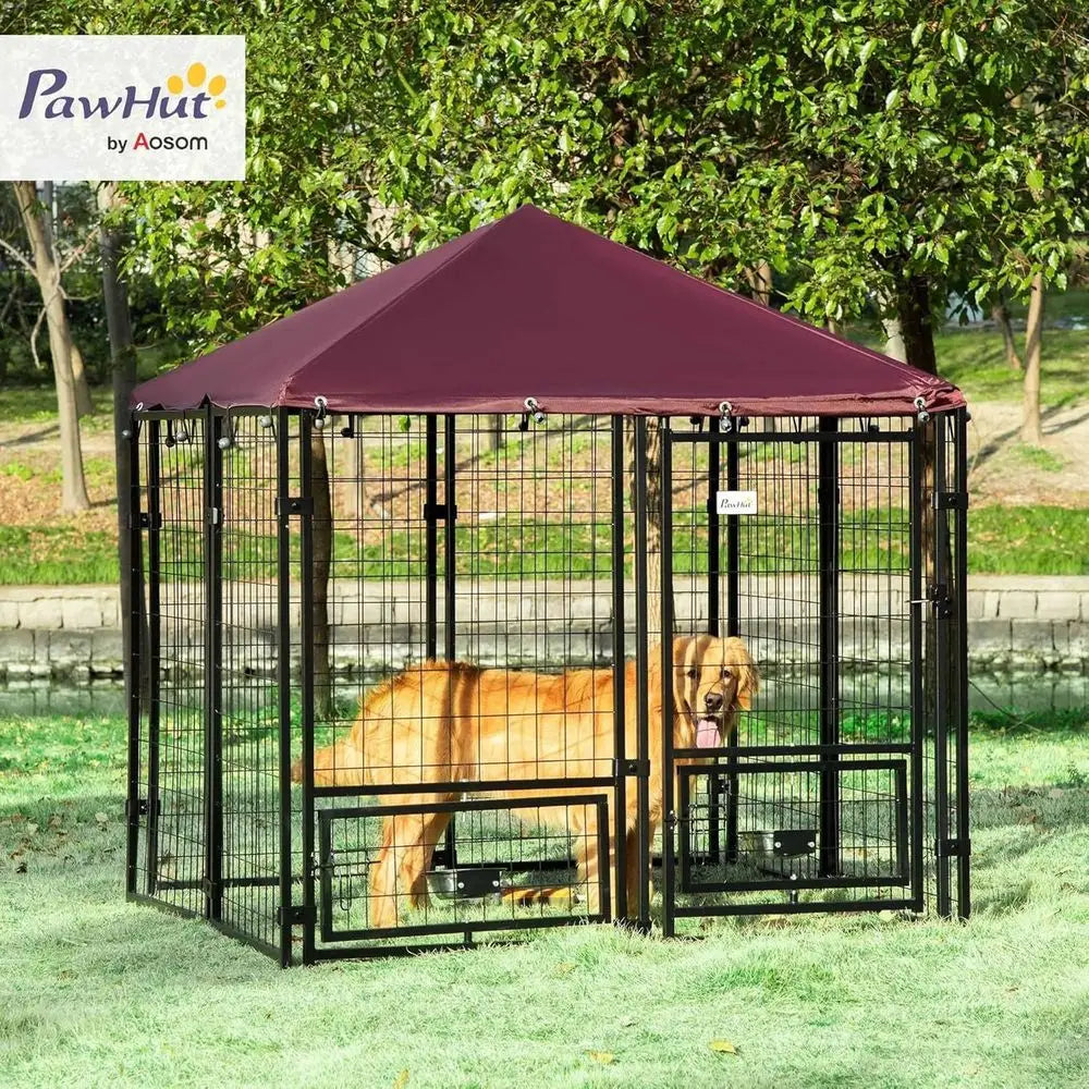 Outdoor Dog Kennel 4.6 x 4.6 x 5ft with Rotating Bowls, Waterproof and UV-Resistant Cover, Suitable for Large Breeds and Poultry