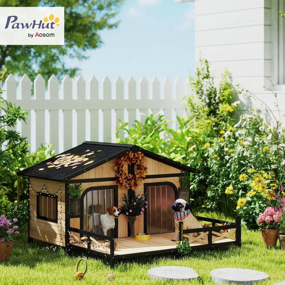 Dog House Outdoor, Wooden Dog Kennel Weatherproof with Porch, Openable Roof, Removable Bottom, Elevated Floor, Double Room for Two Pets