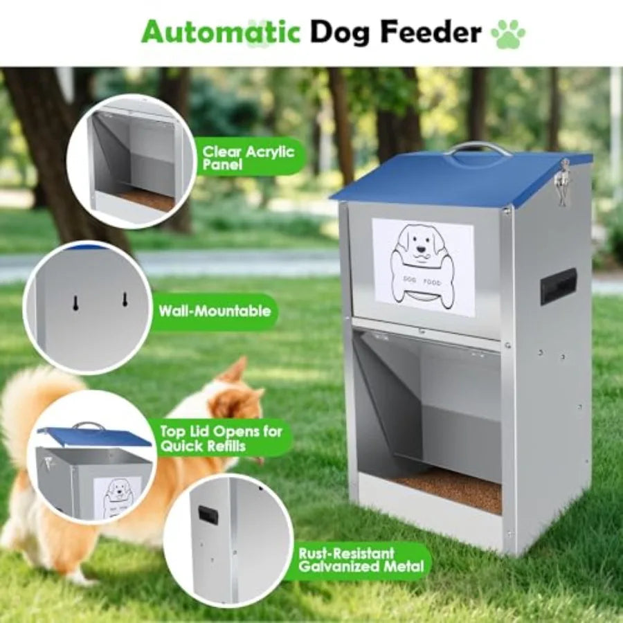 Automatic Dog Feeder Galvanized Metal Pet Food Station for Indoor and Outdoor Use 50LBS Capacity Automatic Food Dispenser