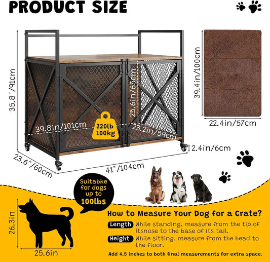 Heavy-Duty Dog Kennels Metal Wooden Dog Crate End Table Furniture Style with Wheels and Double Doors Pet Cage for Dog Cat Rabbit Pet for Indoor Living Room