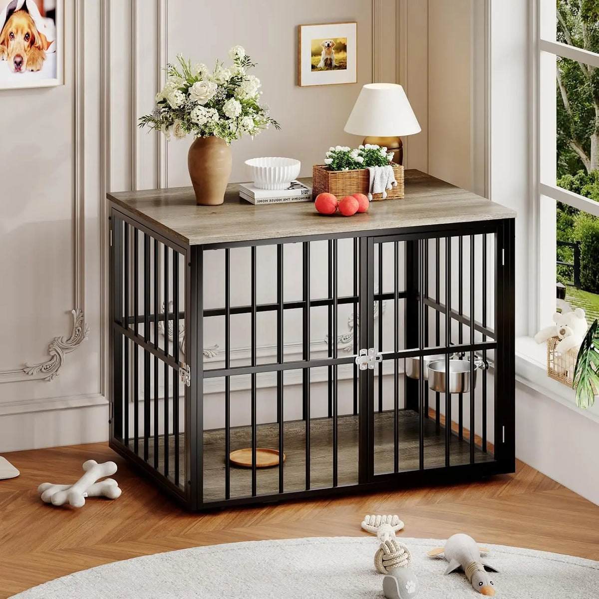 43 Inch Dog Crate Furniture Wooden Dog Kennel End Table Side Table Nightstand for Large Medium Dogs up to 90 Lbs Heavy-Duty Indoor Pet Cage with Lockable Double Doors Removable Tray Divider Panel for Living Room Bedroom Entry