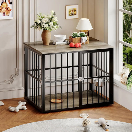 43 Inch Dog Crate Furniture Wooden Dog Kennel End Table Side Table Nightstand for Large Medium Dogs up to 90 Lbs Heavy-Duty Indoor Pet Cage with Lockable Double Doors Removable Tray Divider Panel for Living Room Bedroom Entry