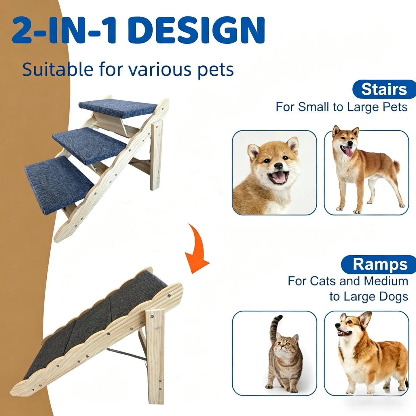 2-in-1 Collapsible Wooden Dog Stairs and Ramp for Bed, Couch, or Car – 3-Step /4-Step Anti-Slip Pet Ladder, Stable Indoor Dog Furniture, Supports Small to Large Dogs Up to 150 lbs