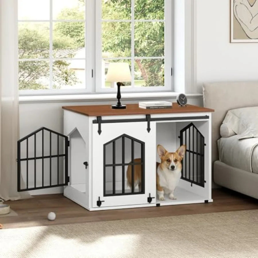 Dog Crate Furniture, 31.5" Farmhouse Dog Kennel with Sliding Barn Door, Wooden Dog Cage for Small Medium Dogs, Decorative Pet House