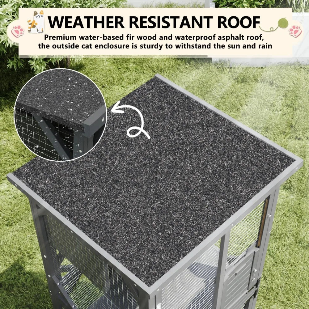 71 Cat House Outdoor Catio Cat Enclosures on Wheels, Large Outside Patio Wooden Cat Cage Resting Box, Scratching Post