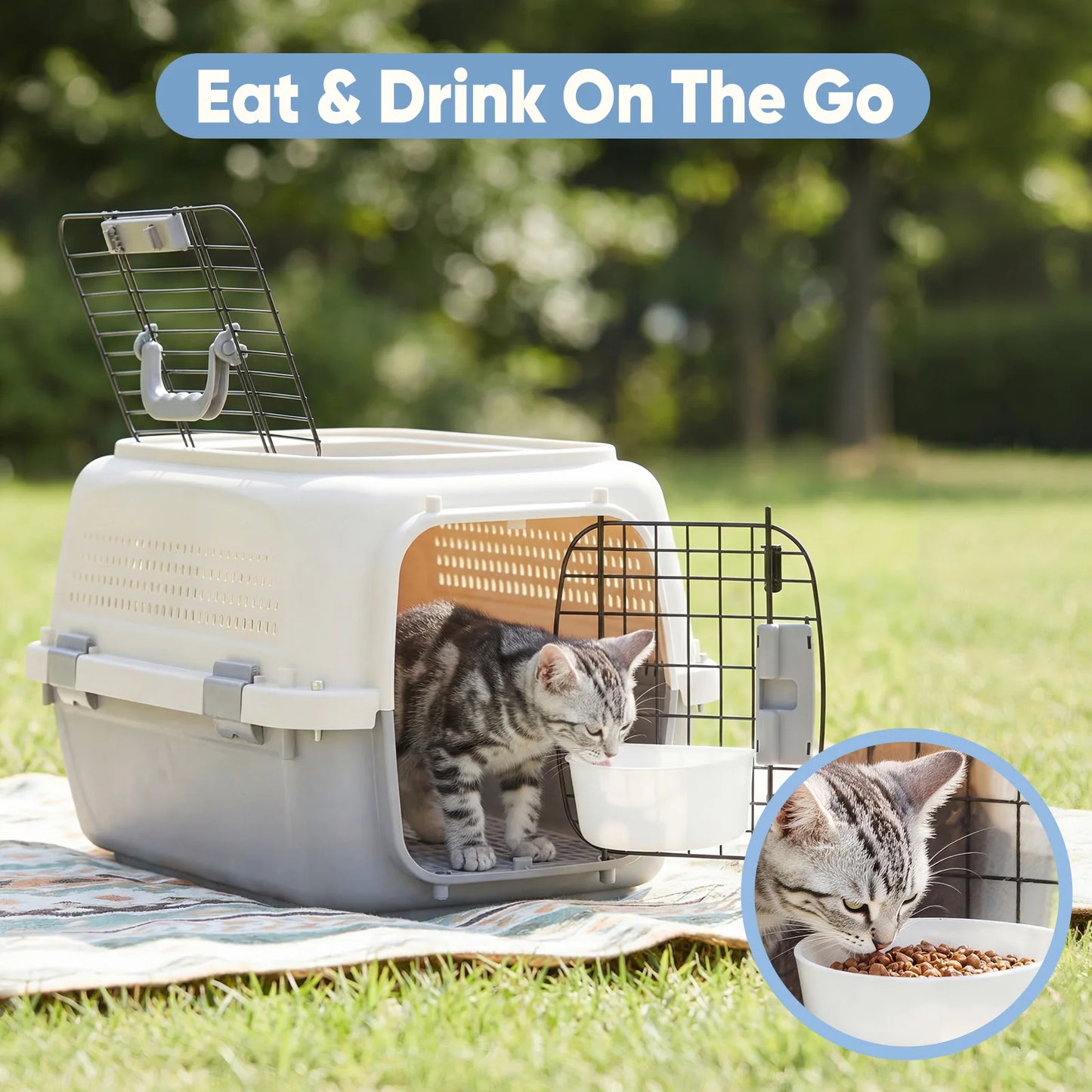 23 Inch Pet Carrier for Small Dogs, Cats, Front Top Load Wire Door Food Bowl Travel Crate with Enhanced Security Latches