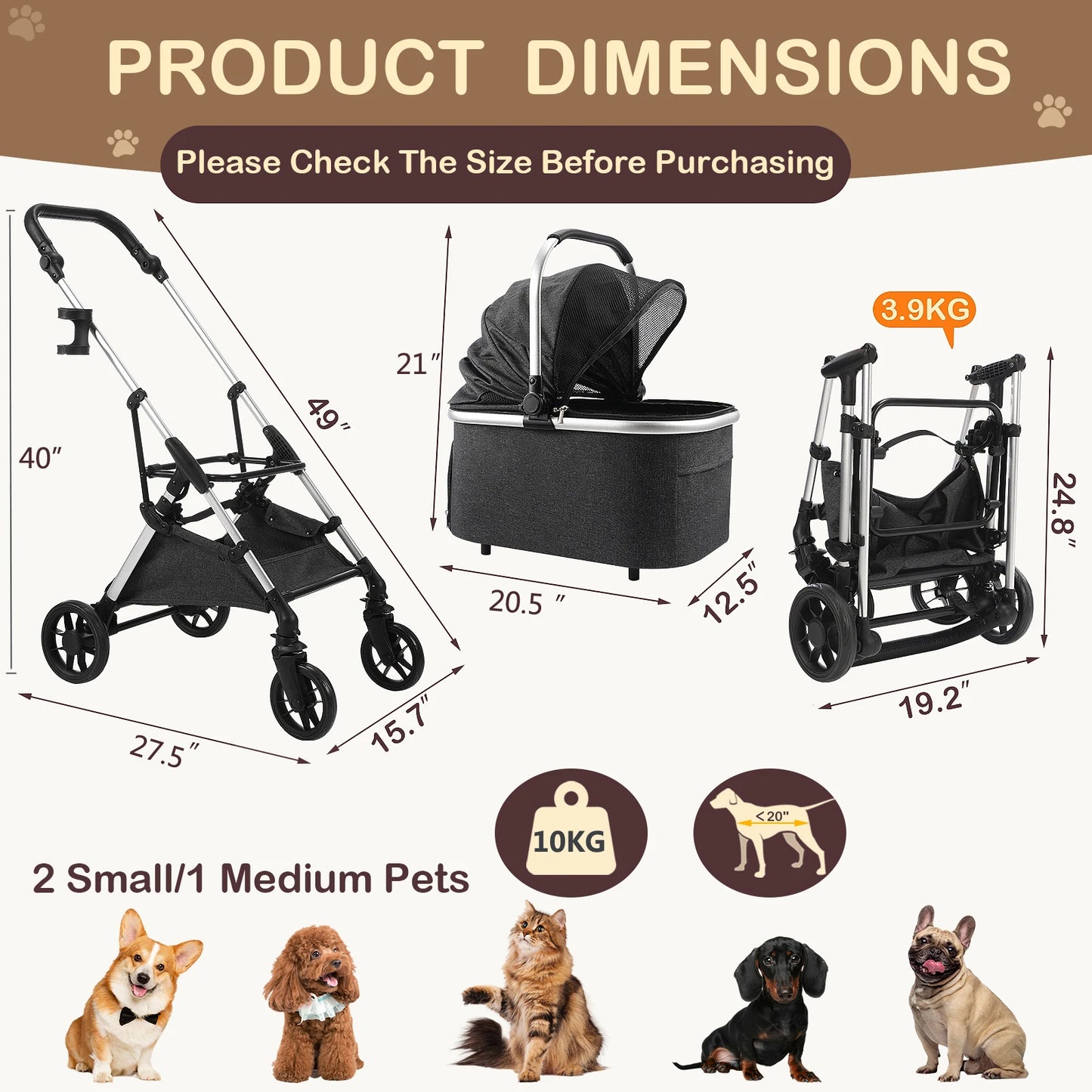 Portable Lightweight Pet Stroller for Medium Dogs - Smooth-Ride 4-in-1 Car Seat Combo with Detachable Carrier Rubber Wheels Quick-Folding for Seniors Cats