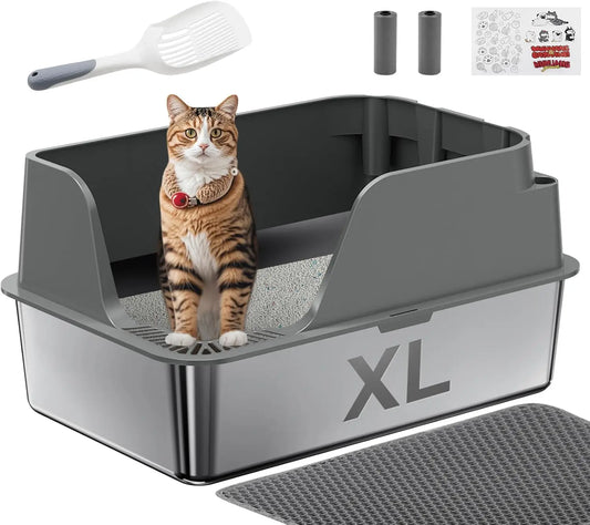 Stainless Steel Cat Litter Box, Extra Large Splash-proof & Leak-proof Litter Box Suitable for Large Cats