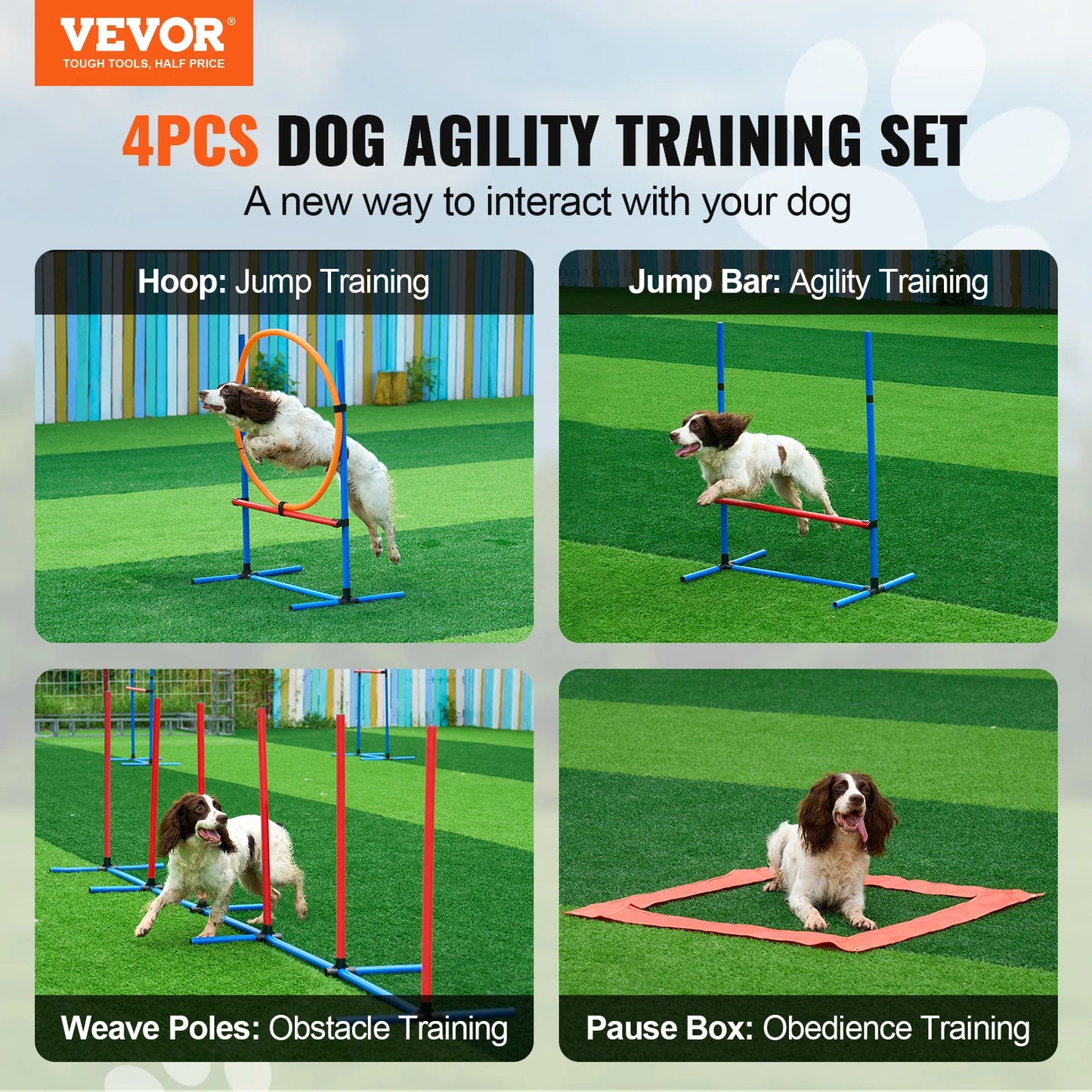 Dog Agility Training Equipment 4 PCS Set with Adjustable High Hurdles 6 Weave Poles Jump Ring Square Pause Box Whistle