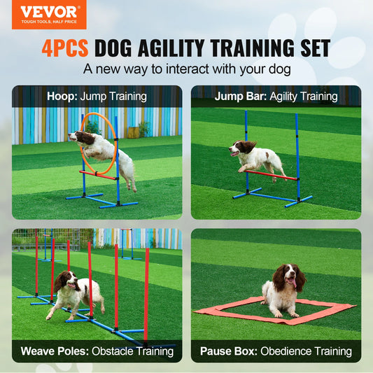 Dog Agility Training Equipment 4 PCS Set with Adjustable High Hurdles 6 Weave PolesJump Ring Square Pause Box Whistle