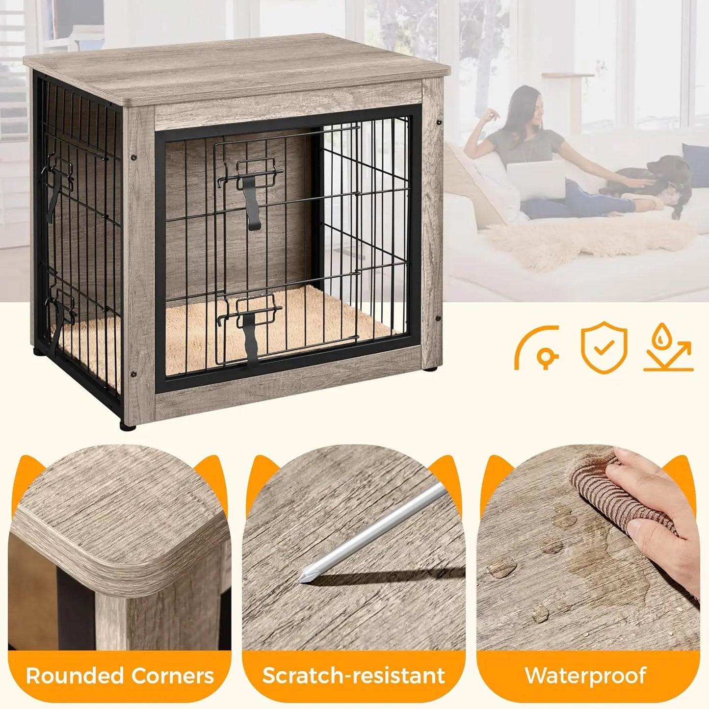 Wooden Dog Crate Furniture with Cushion, Double Doors, Side Table for Small/Medium Dogs, Greige