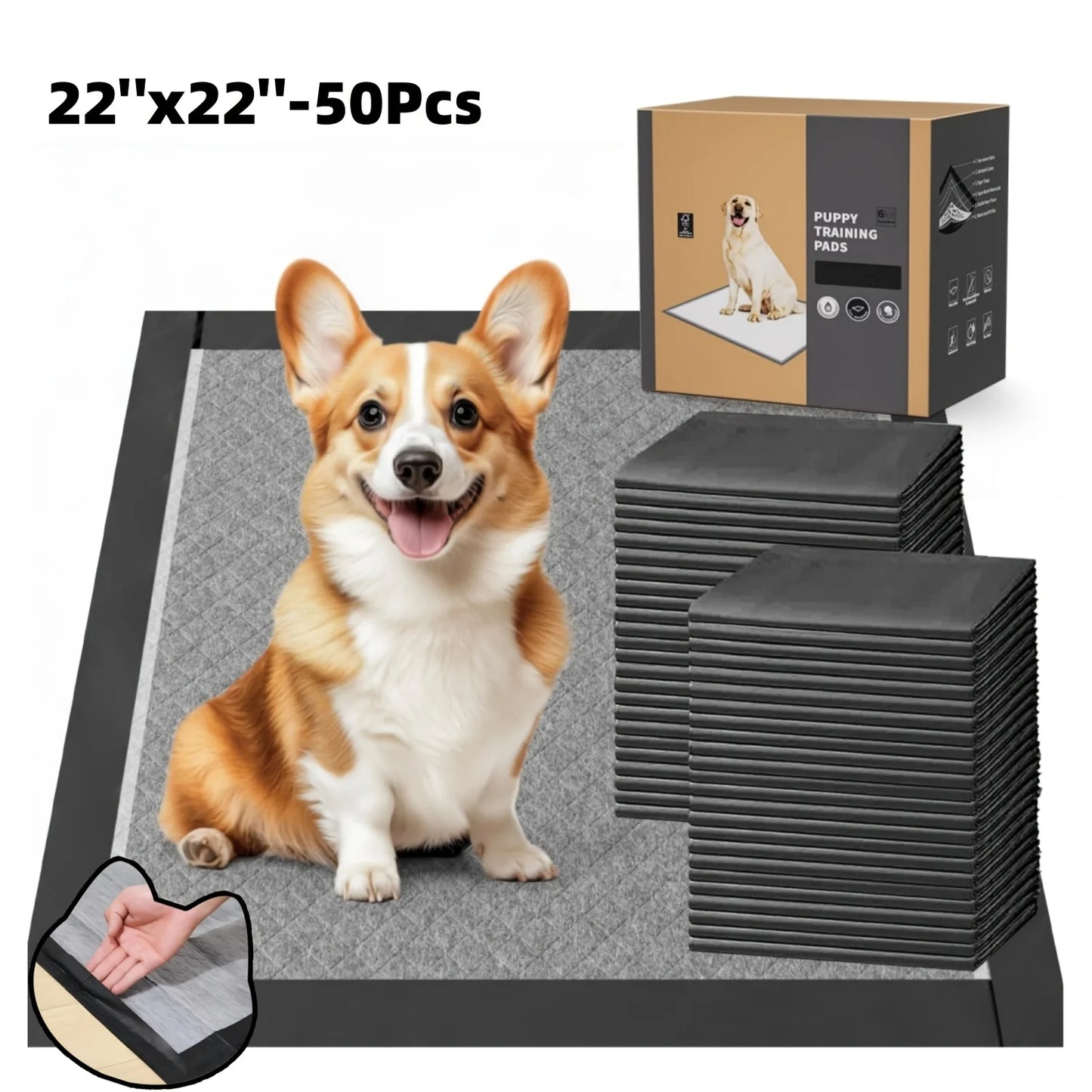22" Pee Pads for Dogs, Activated Charcoal, 50pcs, Powerful Odor Absorbent, 6 Layers Of Protection, Instantly Absorbent, 100% Lea