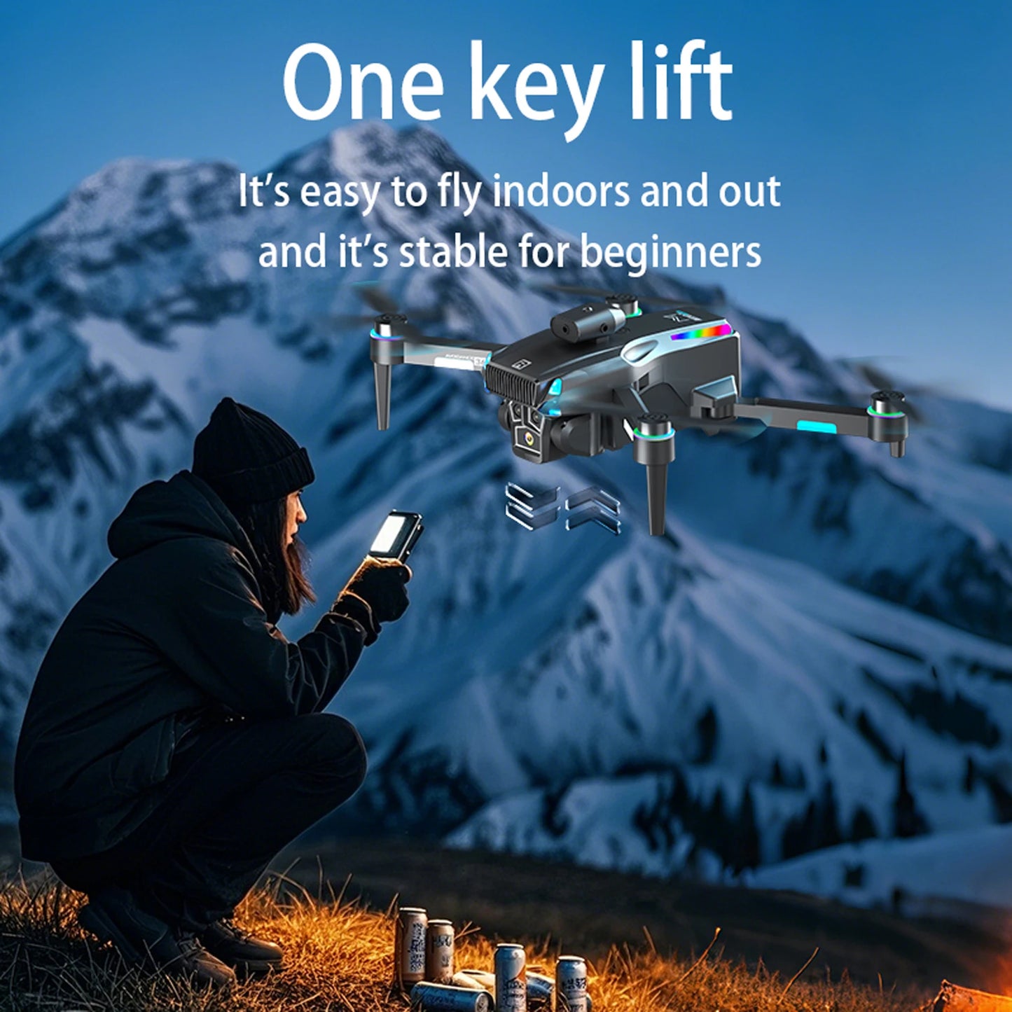 Head 3-Color Light M107 Drone, Hover 7-Color LED Gradient, One Click Takeoff and Landing, Headless Mode, One Click Roll, Take Photos and Videos, High-Definition Camera, Optical Flow Hover, Electrically Adjustable Camera