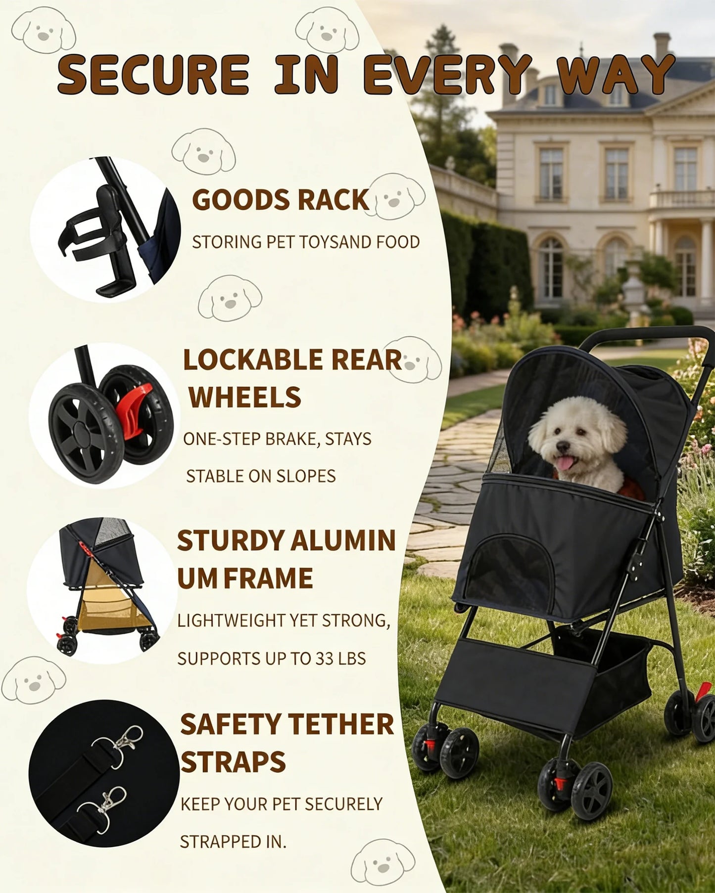 Lightweight Pet Stroller for Small Dogs Foldable 4 Wheel Dog Cat Stroller Portable Travel Pet Pram with Storage Basket