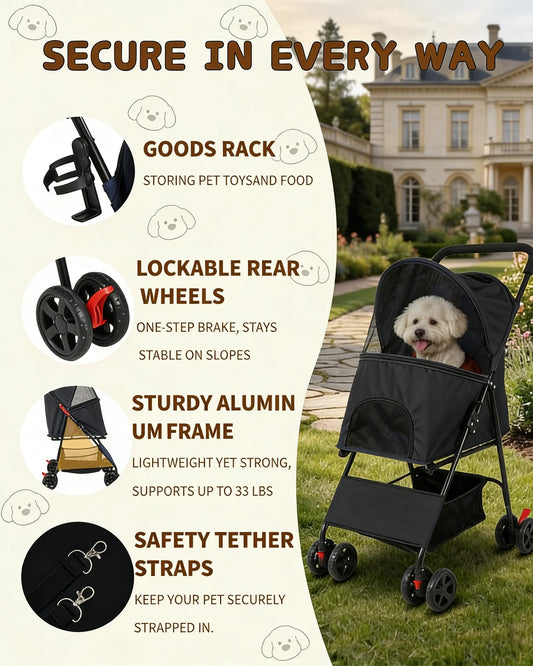 Lightweight Pet Stroller for Small Dogs Foldable 4 Wheel Dog Cat Stroller Portable Travel Pet Pram with Storage Basket