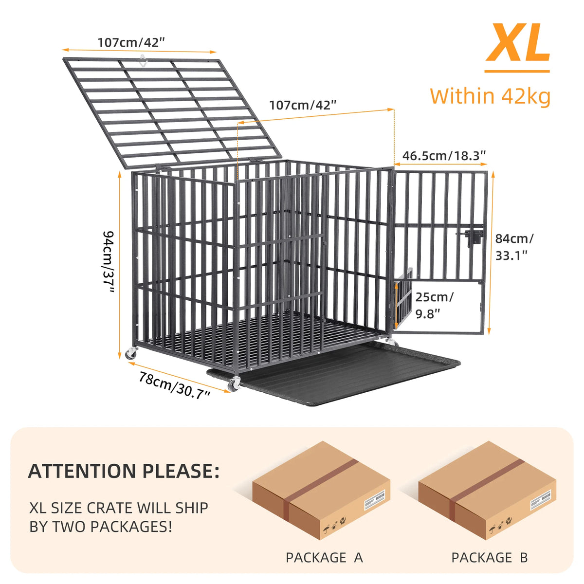 Large Heavy-Duty Dog Crate with 4 Lockable Wheels, 3 Doors, and Tray Metal Pet Kennel Cage Playpen for Medium, Large Dogs