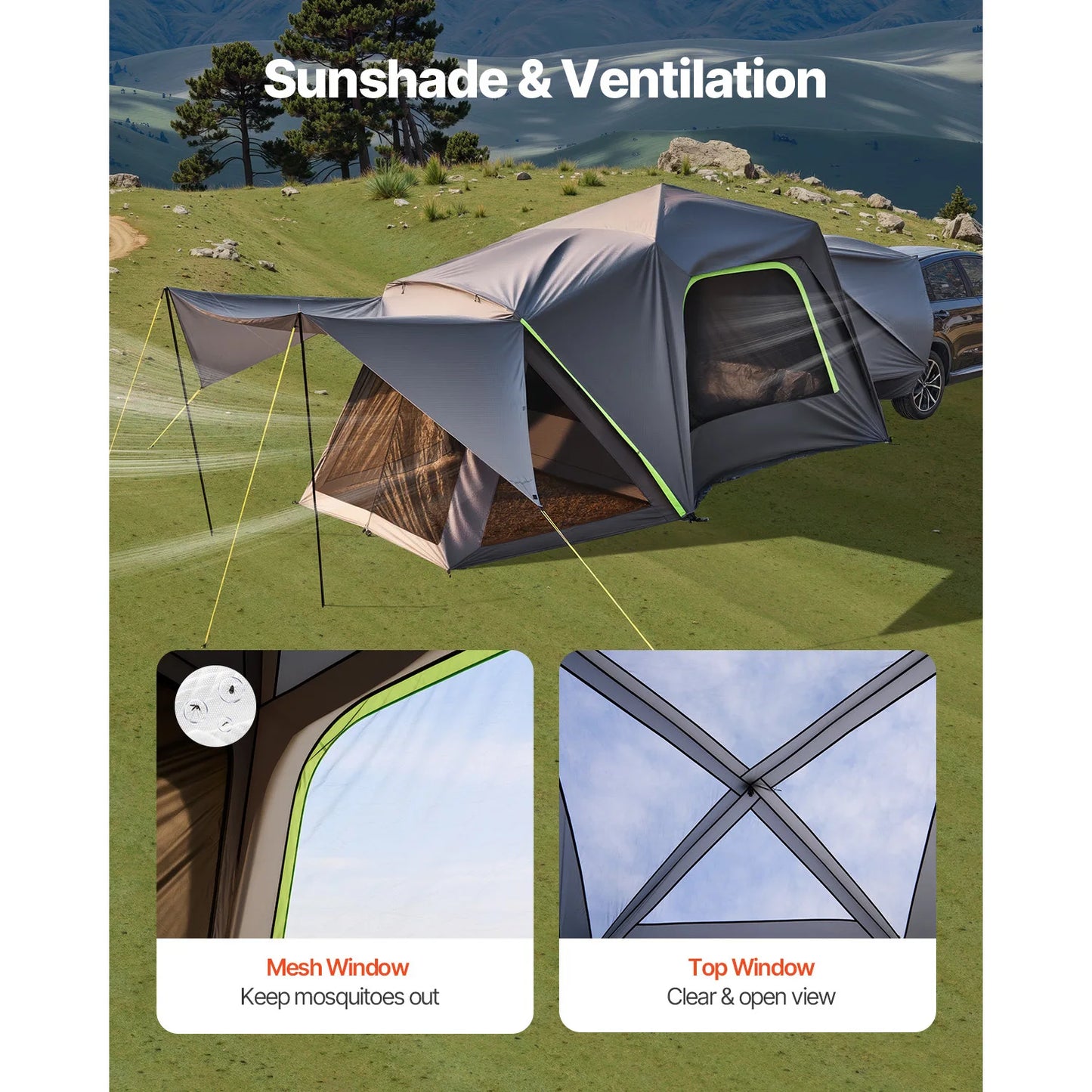 SUV Tent for Camping Waterproof PU2000mm Spacious Double Layer Design SUV Camping Tent with Shade Awning, Mesh Windows