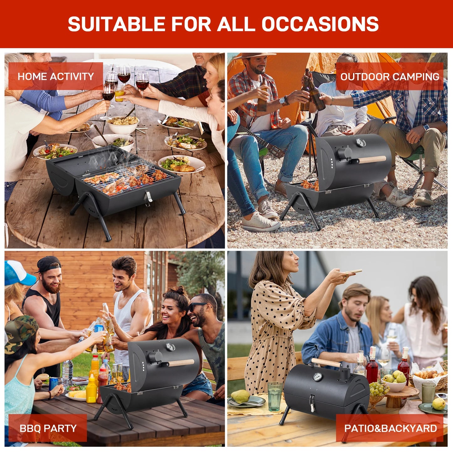 Portable Charcoal Grill with Thermometer and Wooden Handle Compact Tabletop Barbecue Grill Outdoor Camping BBQ Backyard Party