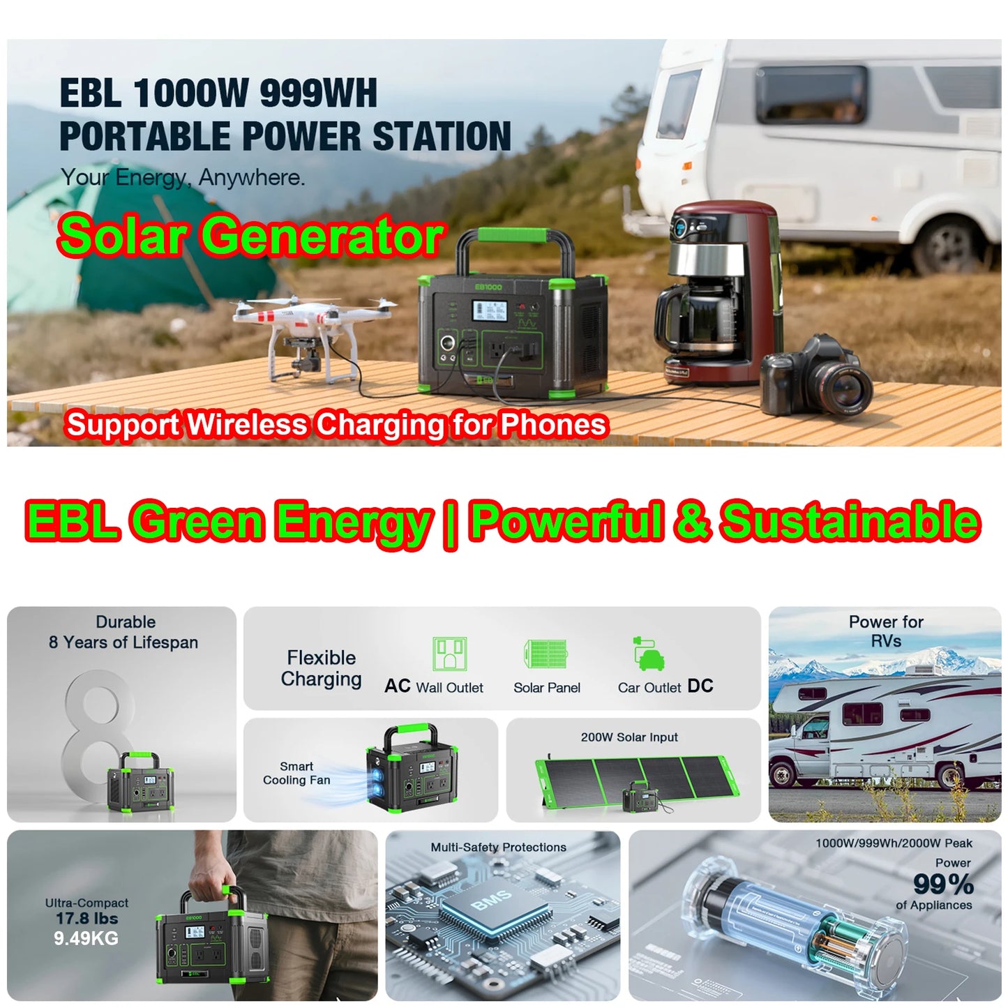 Portable Solar Generator 999W Power Station Wireless Charging 110V PD 60W Fast Charge Battery, AC, Vehicle DC, Solar Charger