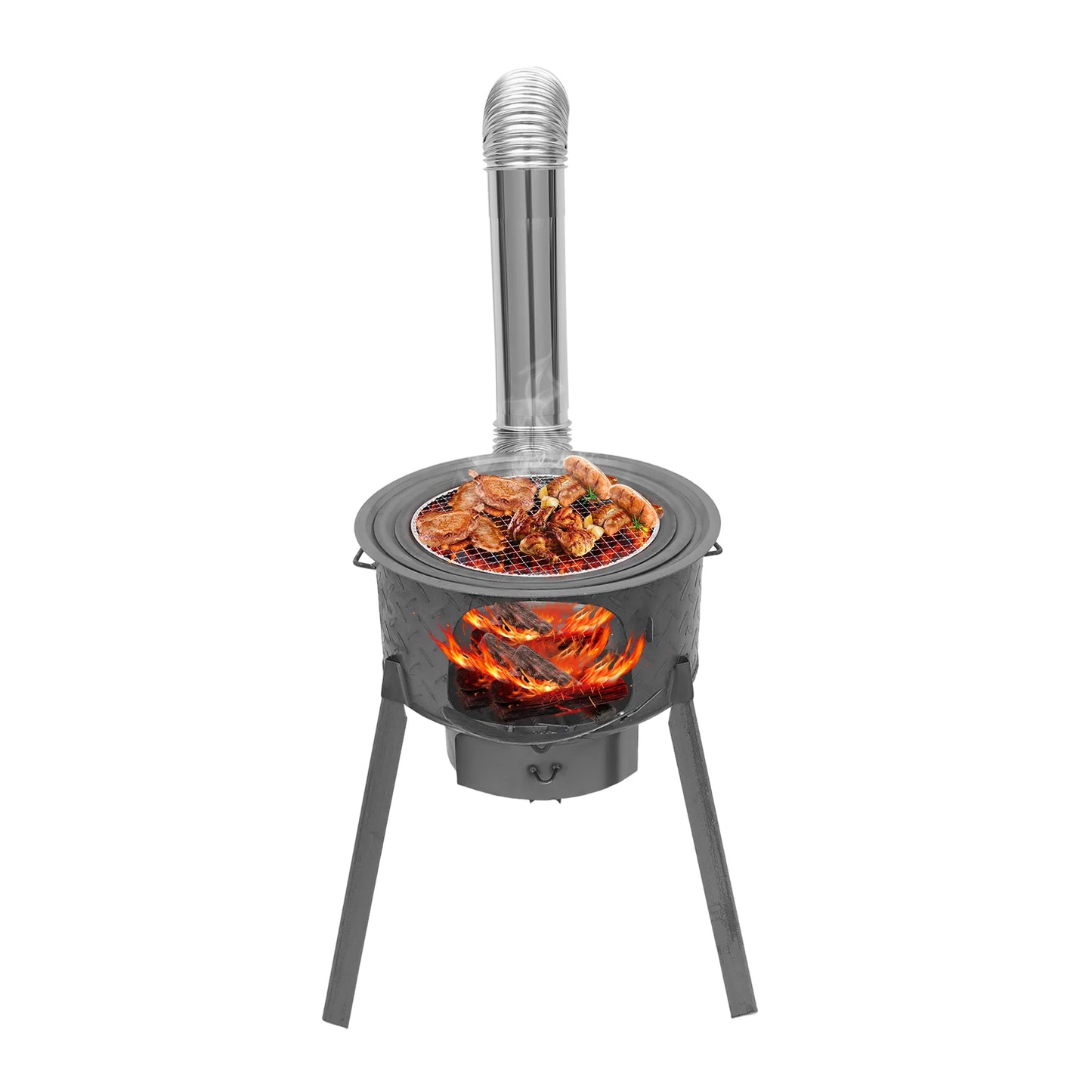 Portable Wood Burning Stove with 3 Wok Rings – Heavy-Duty Steel Construction, 220lbs Load Capacity, Tripod Stable Design, Includes Chimney, Ashtray, Grill Grate & Tools, Perfect for Outdoor Cooking, Camping, BBQ, Boiling, S