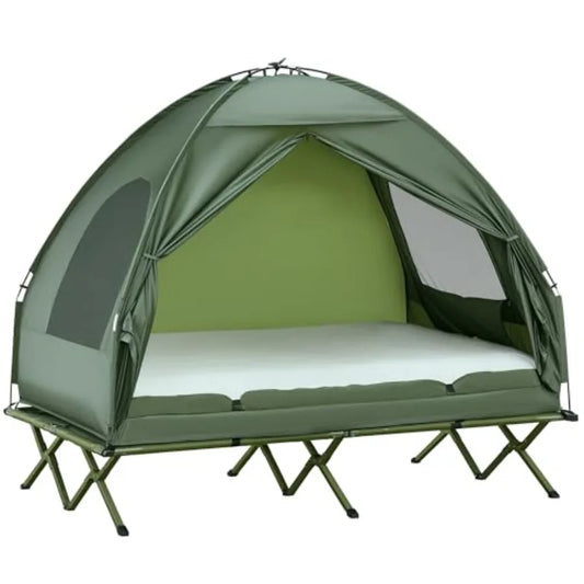 2 Person Cot Tent, 4-in-1 Elevated Tent Camping Bed Combo with Air Mattress, Bed Cover, Foot Pump, Folding Off Ground Camp Cot