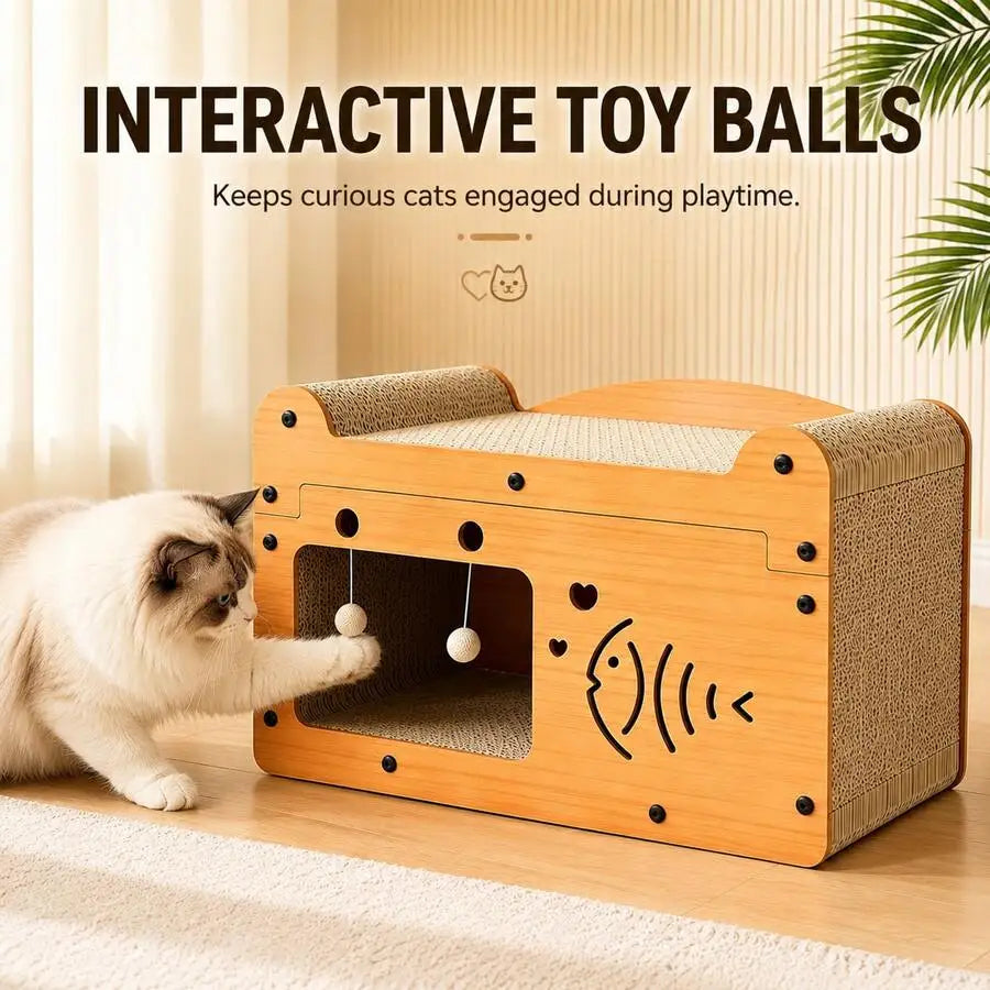 Cat Scratching House With Hanging Toy Balls, 56x30x30cm Corrugated Cardboard Lounge Bed