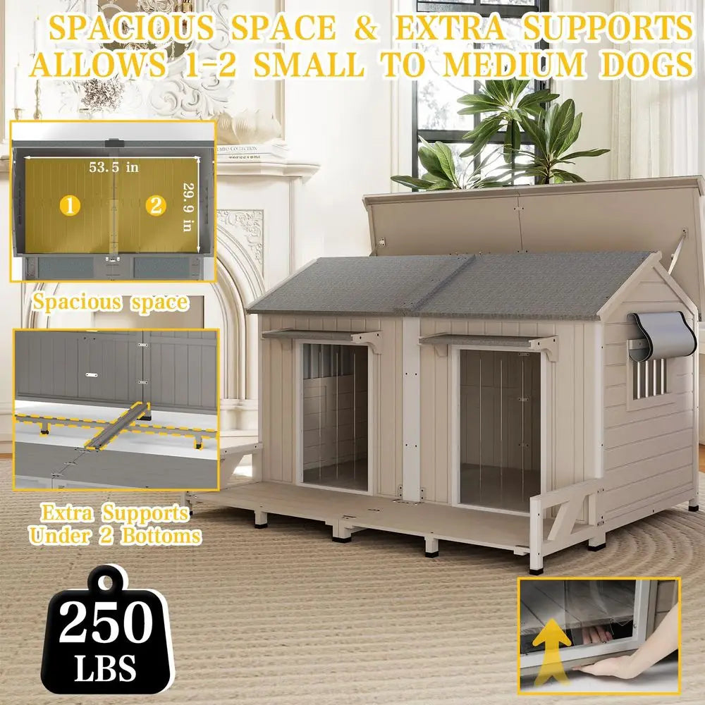 59.4 L Large Dog House Outdoor Amp Indoor, Fir Wood Dog Kennel with Weatherproof Openable Asphalt Roof, Spacious Doghouse with Another Room