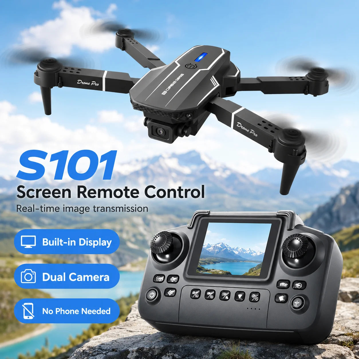 2.4Ghz RC Drone with HD Dual Camera Altitude Hold Path Planning Flight 3-Speed Adjustable Foldable Drone Toy