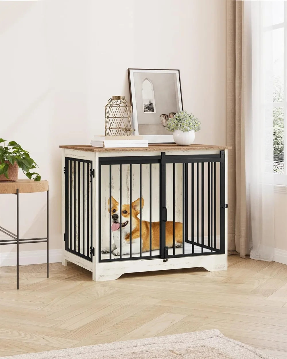31.9" Wooden Dog Crate Furniture with Barn Door, Heavy Duty Indoor Kennel for Small Medium Dogs up to 44 lb, Anti-Chew Anti-Escape, White Brown