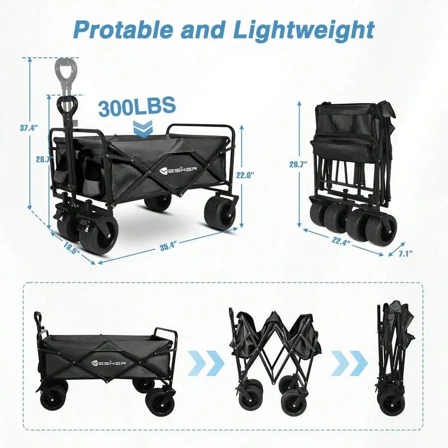 Portable Folding Outdoor Food Truck Collapsible Wagon Cart, 360° All-Terrain Wheels Drink Holders Large Capacity  For Camping
