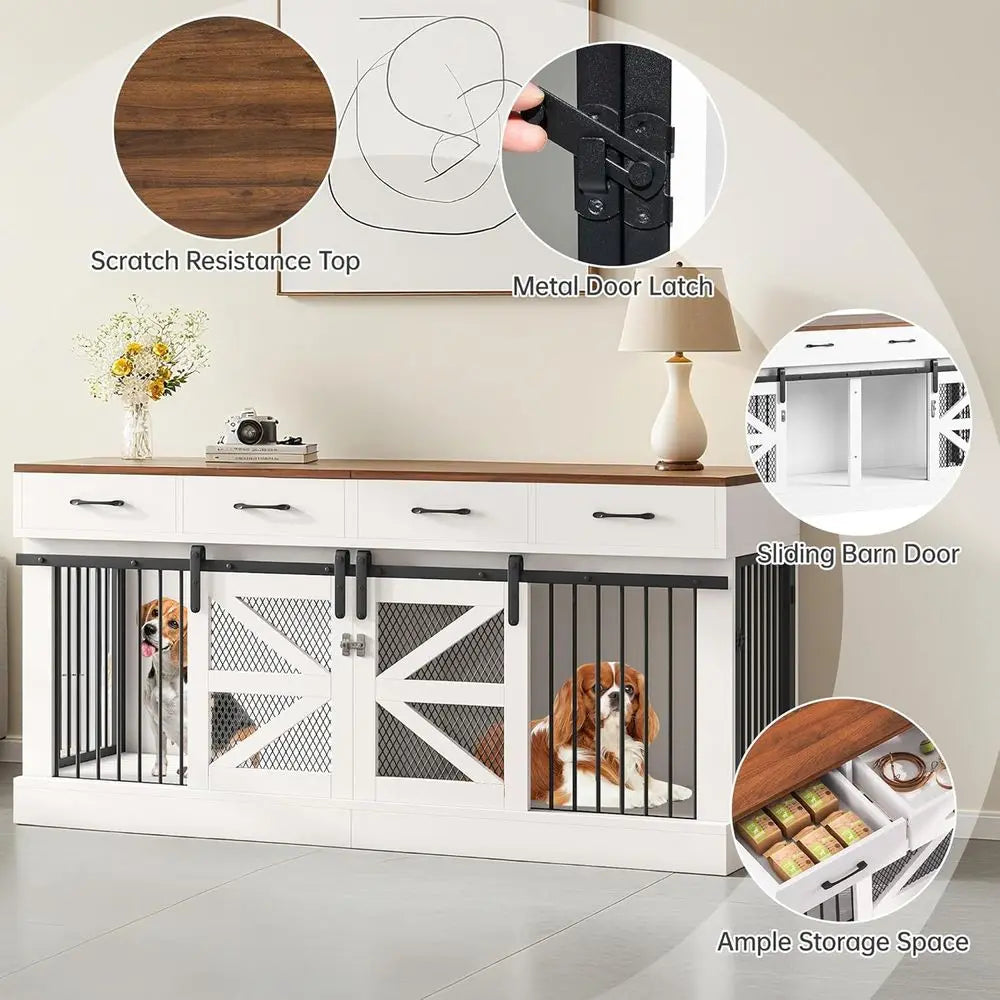 71 Heavy-Duty Indoor Wooden Dog Crate for 1-2 Dogs, Removable Divider & Storage Drawers - Multifunctional Pet Furniture, TV Stand