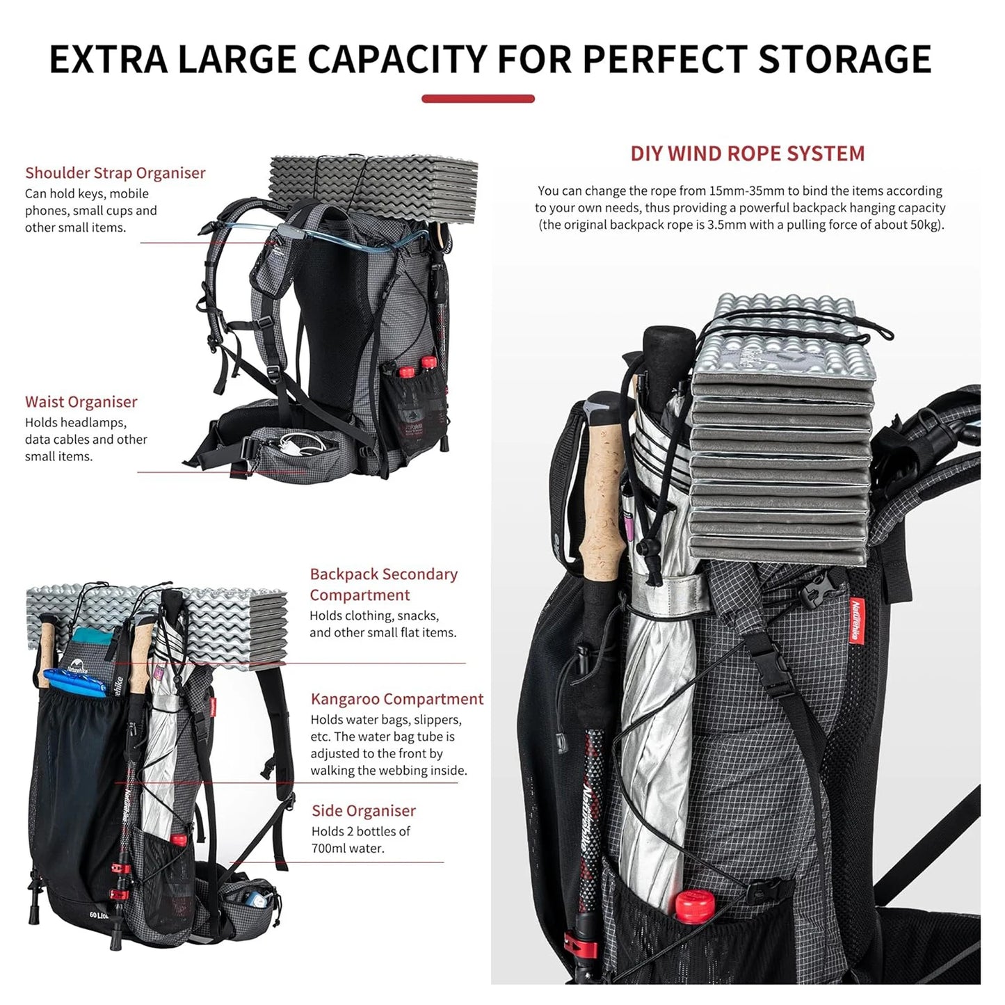Rock Outdoor Bags 40L 60L Travel Backpacks Large Capacity 60+5L Camping Hiking Packs Hiking Bag With Rain Cover