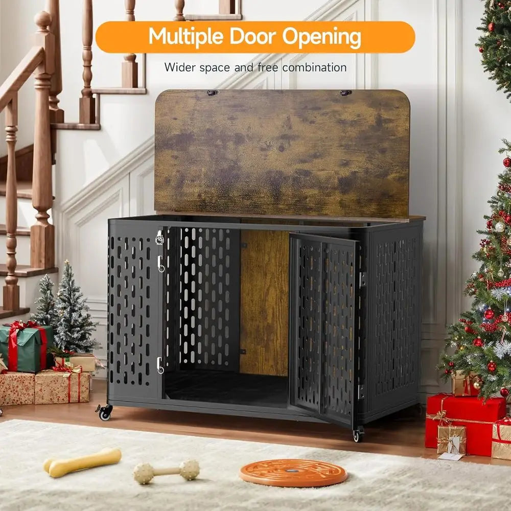 Heavy-Duty Dog Crate Furniture or Large and Medium Dogs, 43.7 Inch Large Dog Crate Kennel with Flip Top & Cushion & Wheels