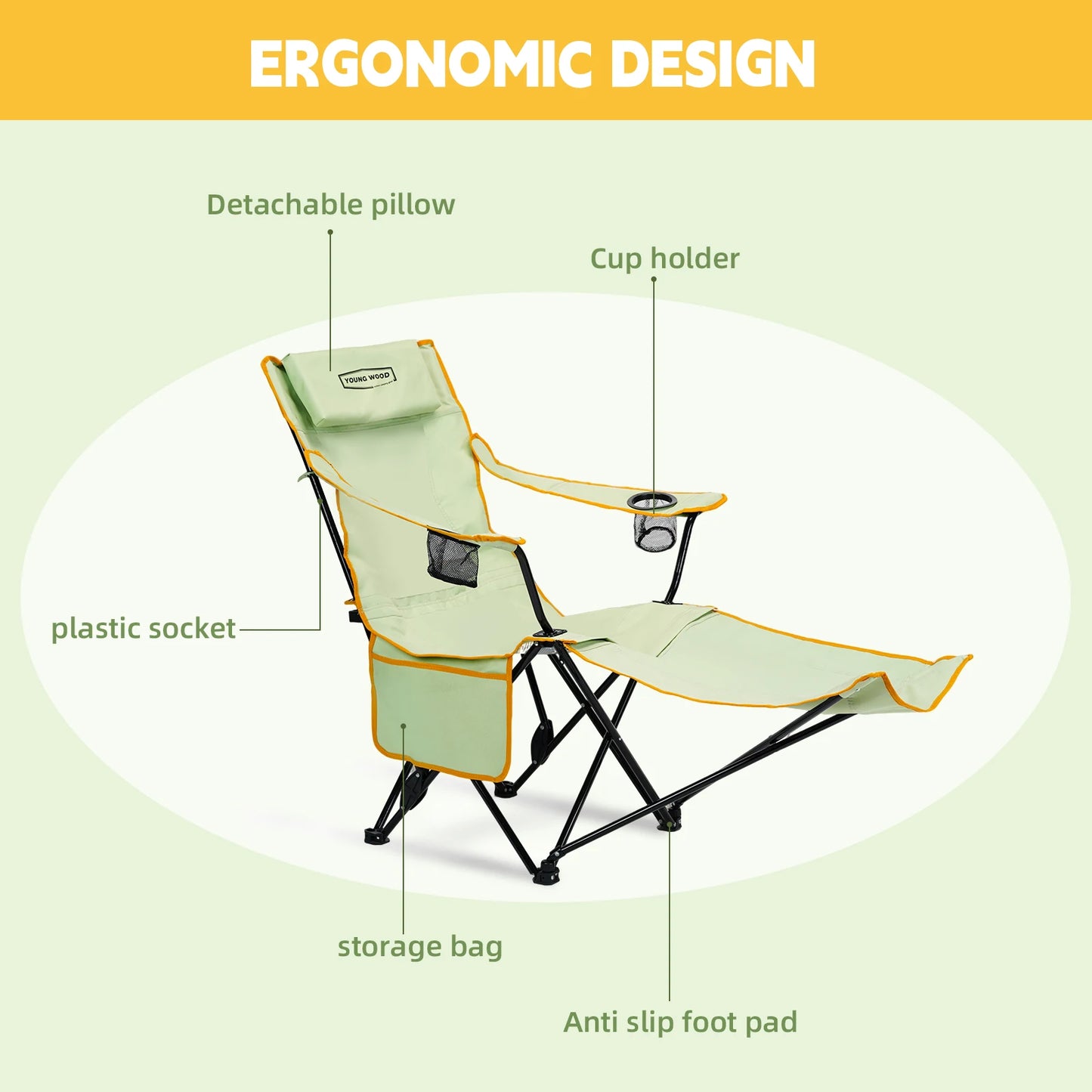 2-in-1 Reclining Camping Chair With Footrest, Foldable Outdoor Lounge Chair With Cup Holder & Headrest, Portable