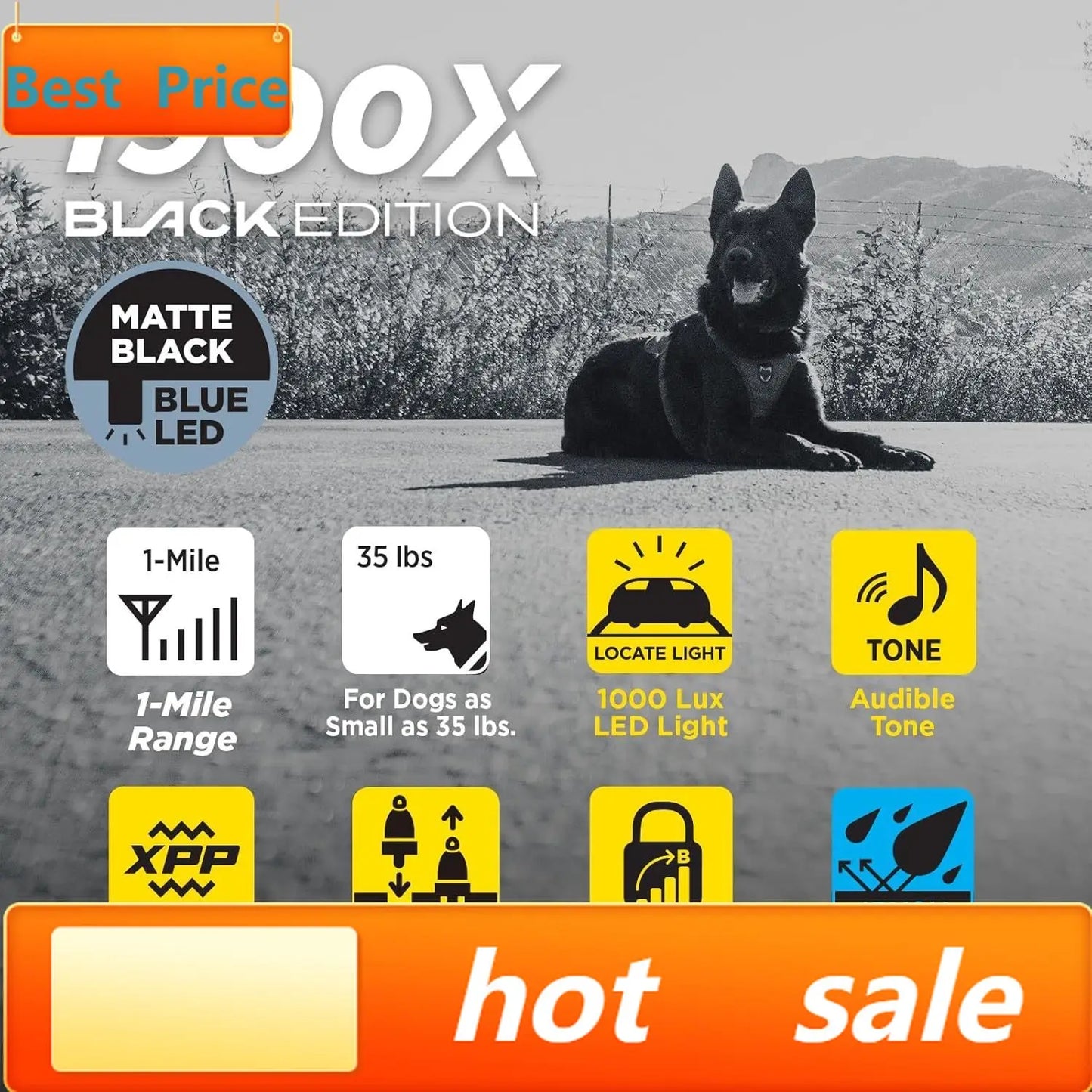 1900X Black Edition E-Collar - 1 Mile Range, Dogs 45 lbs +, IPX9K Waterproof, 100 Stimulation Levels, Vibration, Tone,