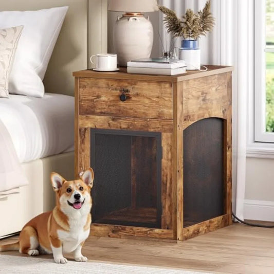 Dog Crate Furniture, Dog Kennel with Drawer and Charging Station, Indoor Decorative Puppy House, Wooden Pet Crate End Table
