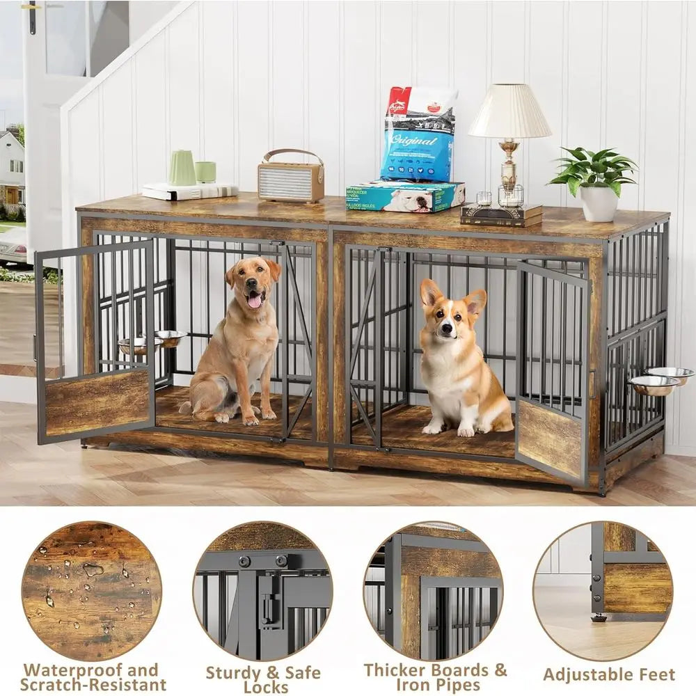 XL Double Dog Crate Furniture, TV Stand with Adjustable Divider, 4 Bowls, Suitable for Medium to Small Breeds, Brown
